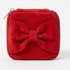 Jessica Simpson Red Velvet Mini Bow Jewelry Travel Case Square Zip Organizer Bag